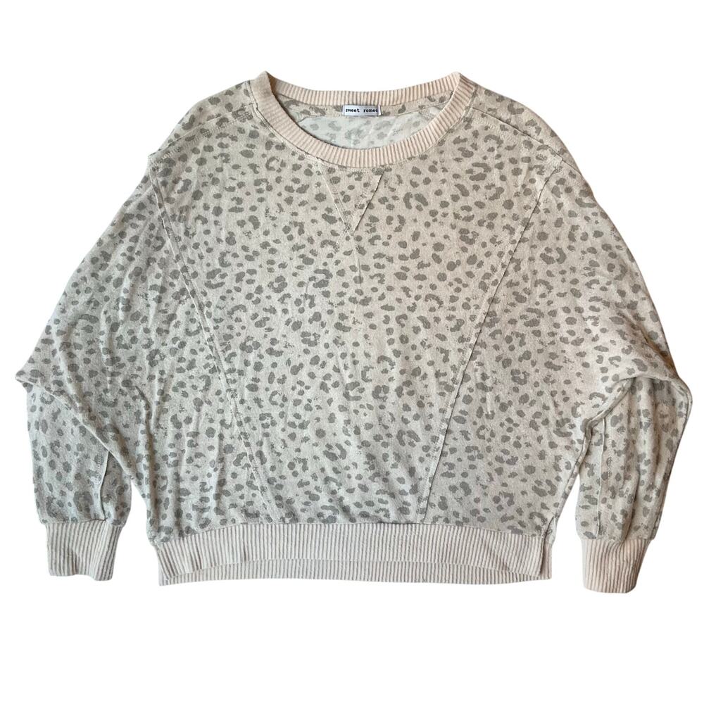 Sweet Romeo Women’s Long Sleeve Screw Neck Knit Blouse size XS, Leopard Tan